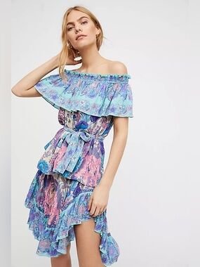 Spell Siren Song Teal Multi Floral Off-Shoulder Mini Skirt and Blouse Set